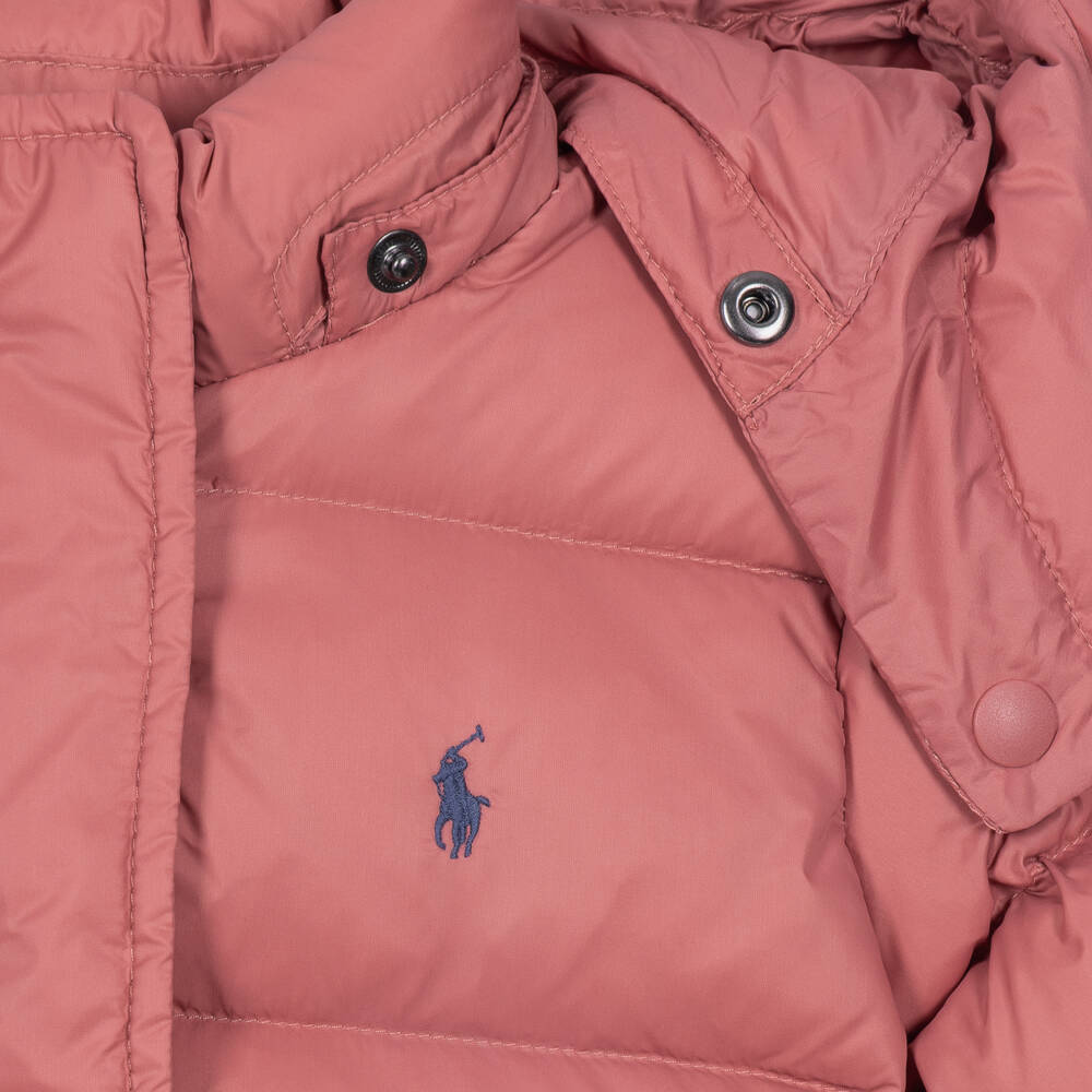 Ralph Lauren-Girls Pink Hooded Down Puffer Jacket | Childrensalon