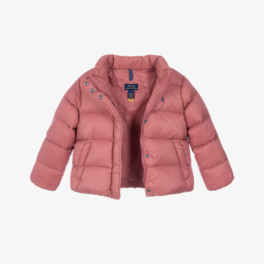 Ralph Lauren-Girls Pink Hooded Down Puffer Jacket | Childrensalon
