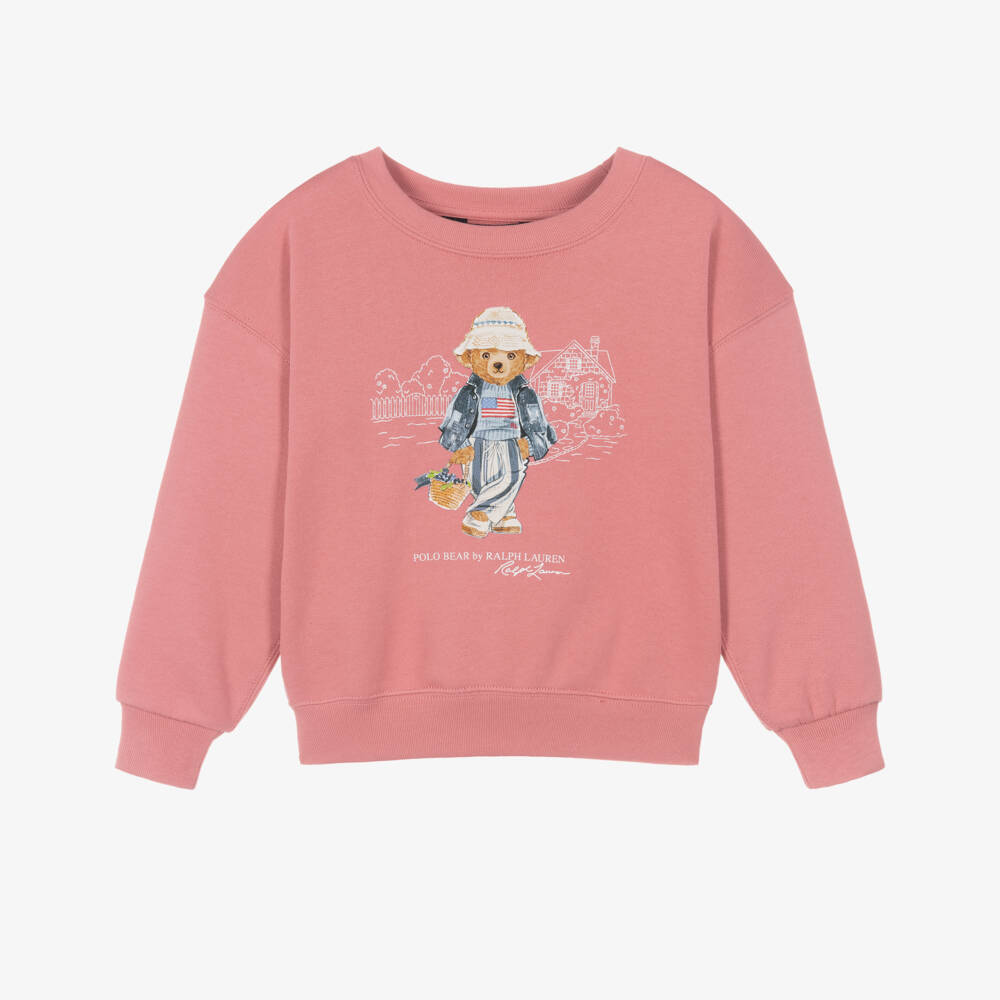 Ralph Lauren-Girls Pink Jersey Sweatshirt with Polo Bear Motif | Childrensalon