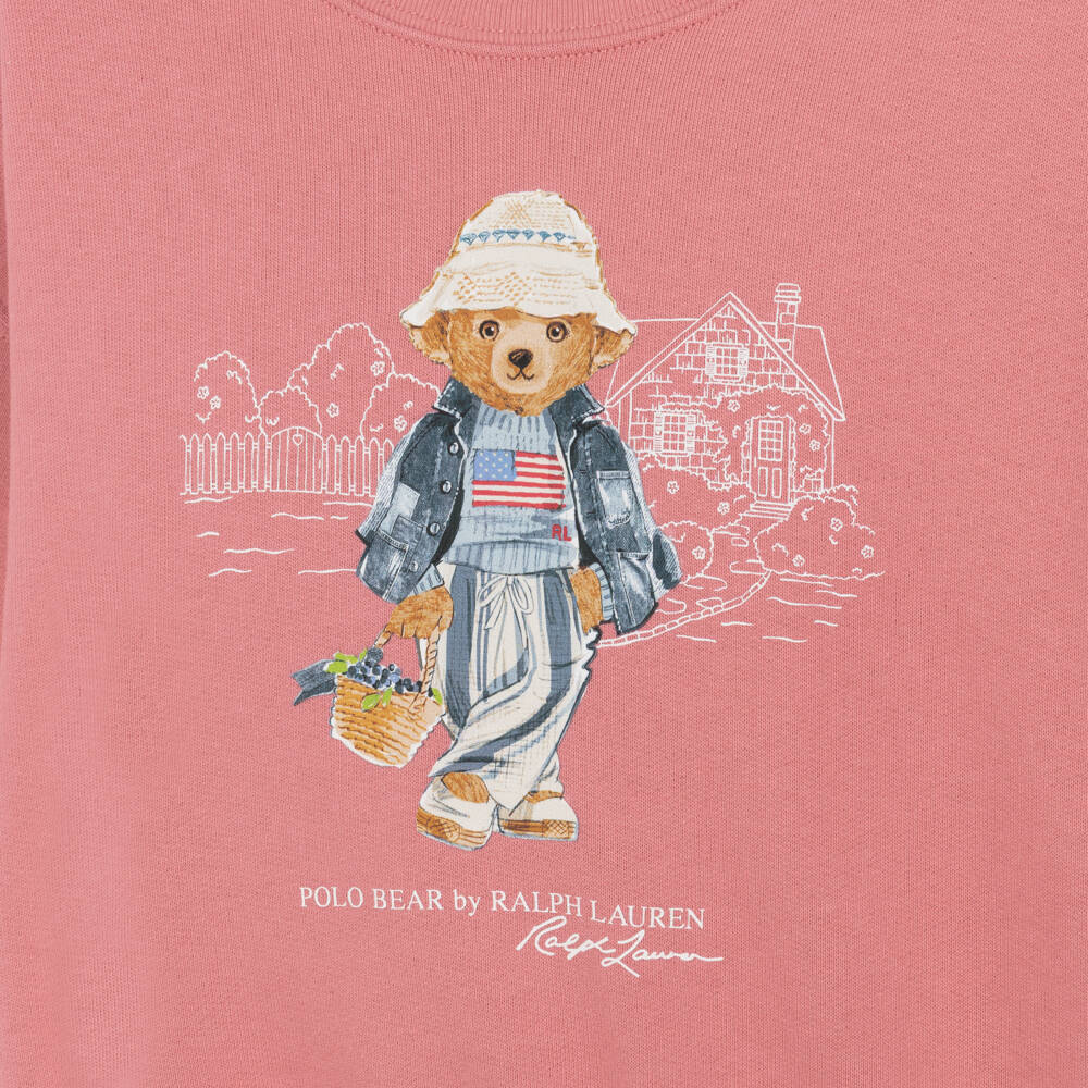Ralph Lauren-Girls Pink Jersey Sweatshirt with Polo Bear Motif | Childrensalon