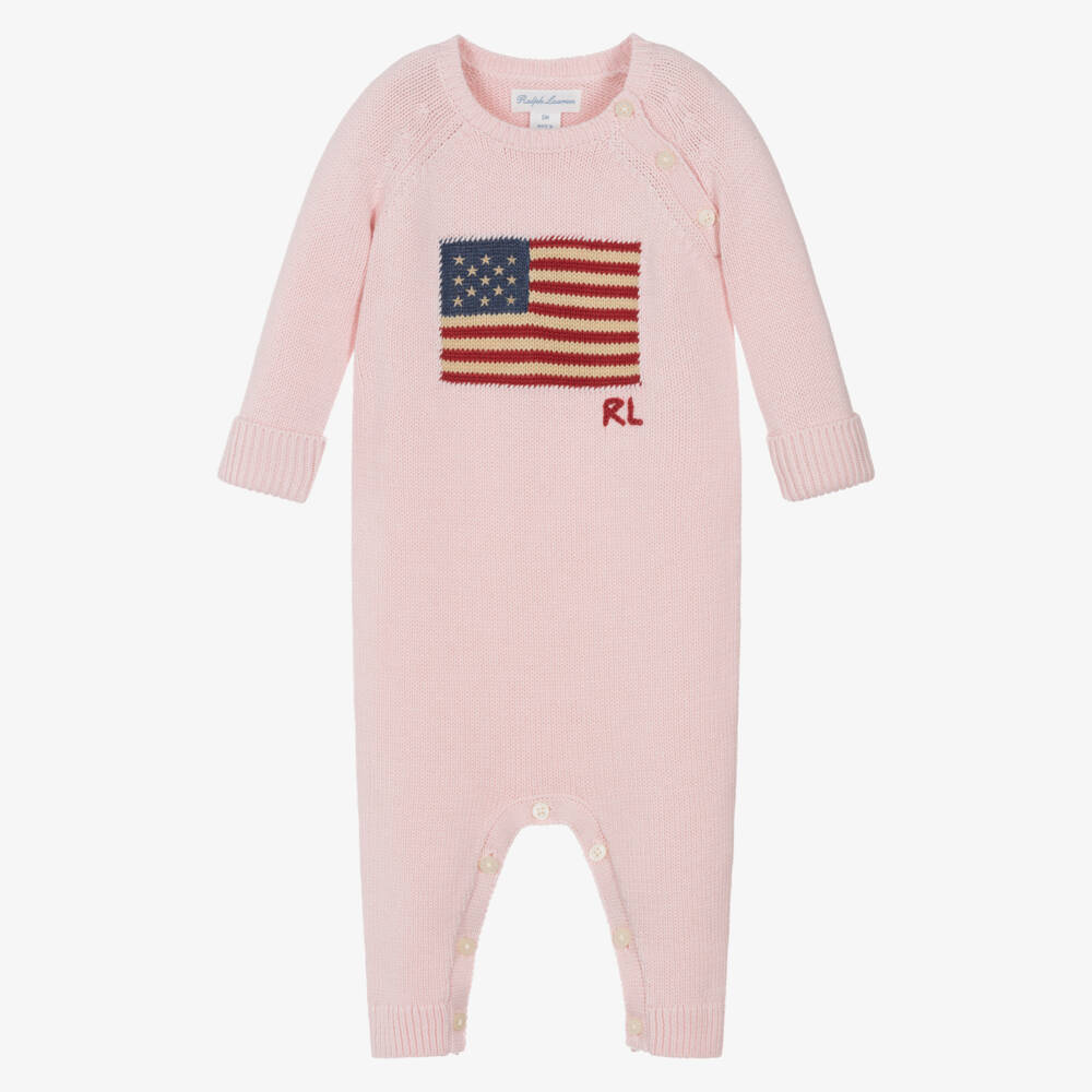 Ralph Lauren-Girls Pink Knitted Cotton USA Flag Romper | Childrensalon