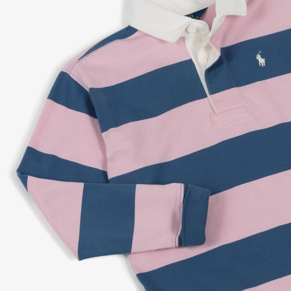 Ralph Lauren-Girls Pink & Navy Blue Striped Cotton Rugby Shirt Dress | Childrensalon