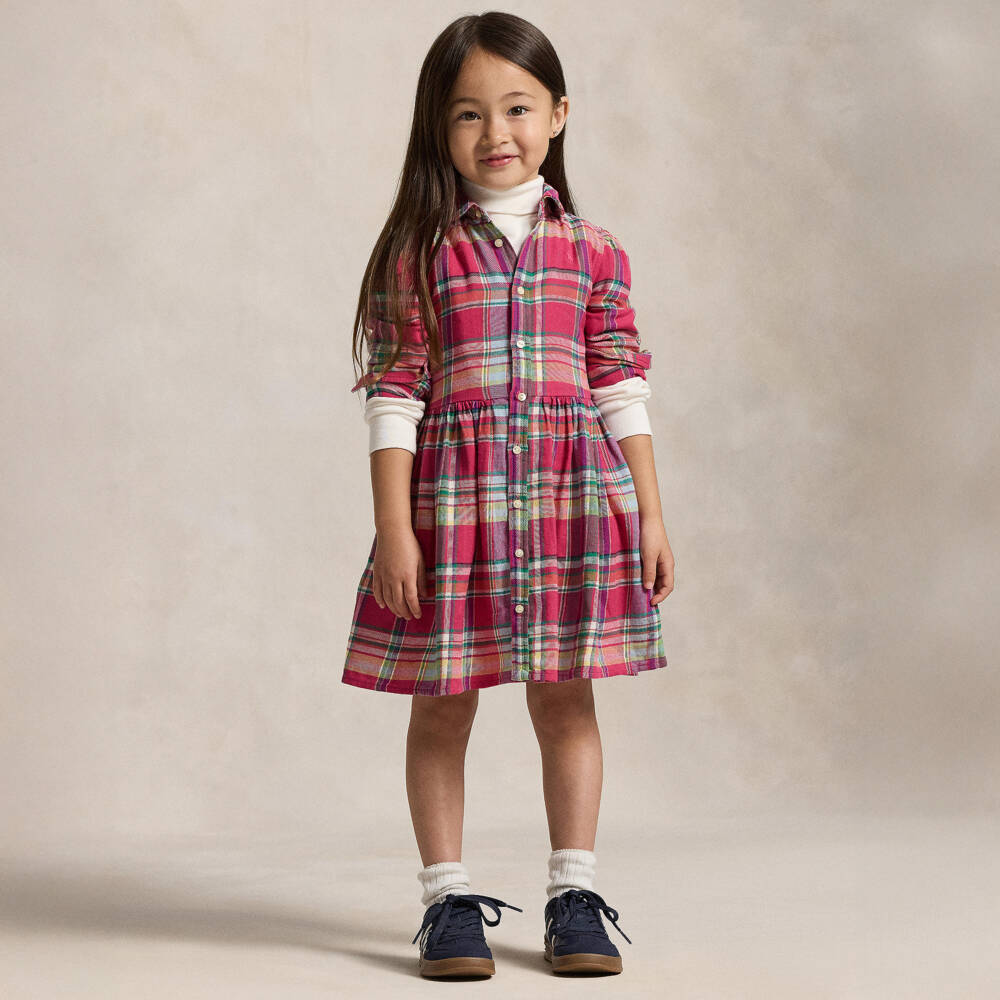 Ralph Lauren-Girls Pink Plaid Cotton Shirt Dress | Childrensalon