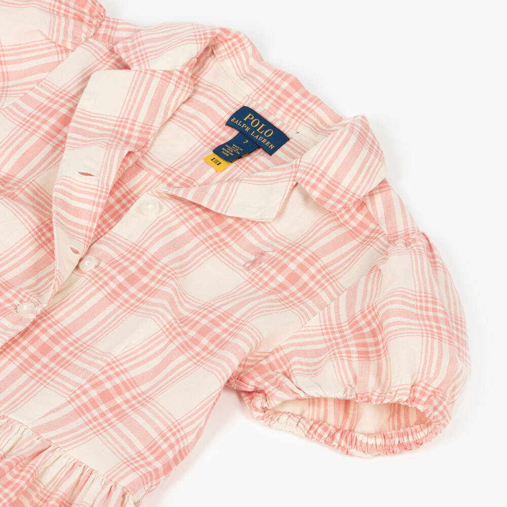 Ralph Lauren-Girls Pink Plaid Linen & Cotton Shirt Dress | Childrensalon