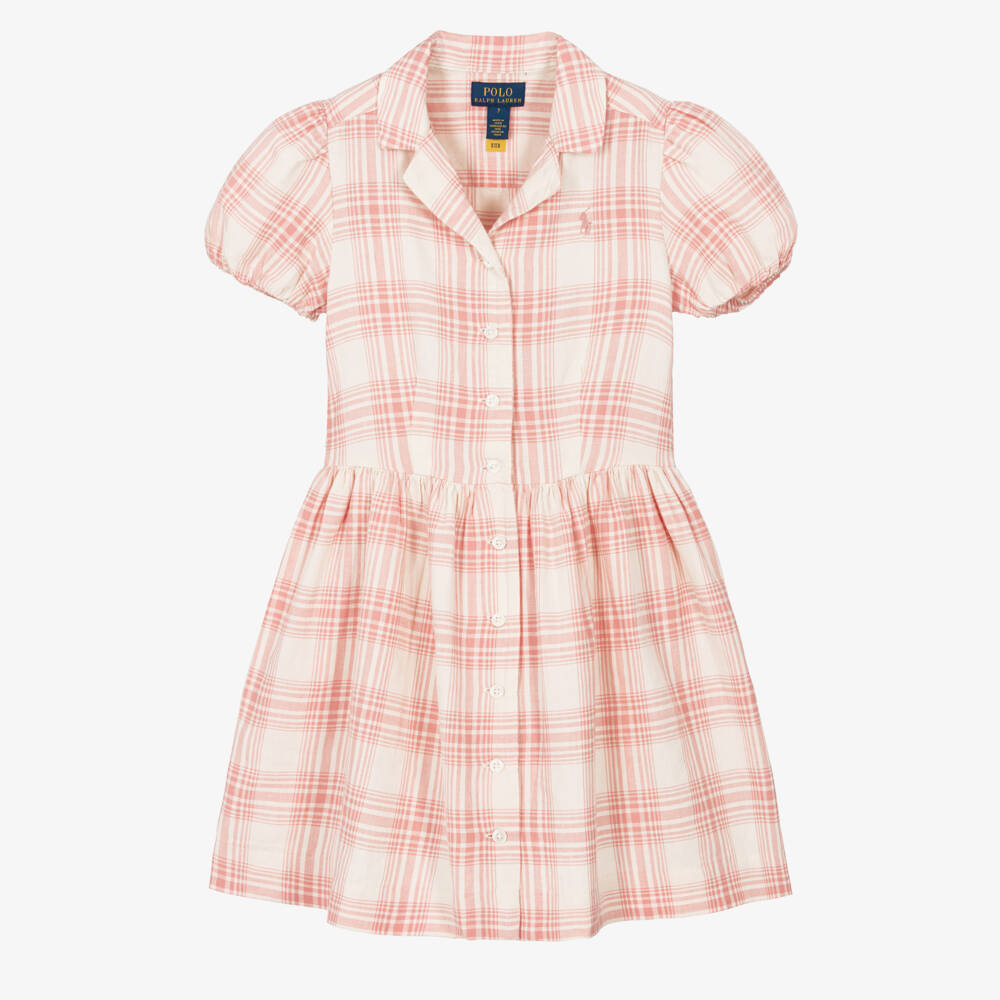 Ralph Lauren-Girls Pink Plaid Linen & Cotton Shirt Dress | Childrensalon