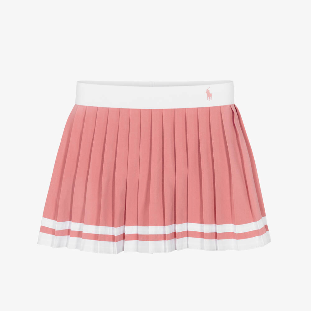 Ralph Lauren-Girls Pink Pleated Jersey Skort with Striped Trim | Childrensalon