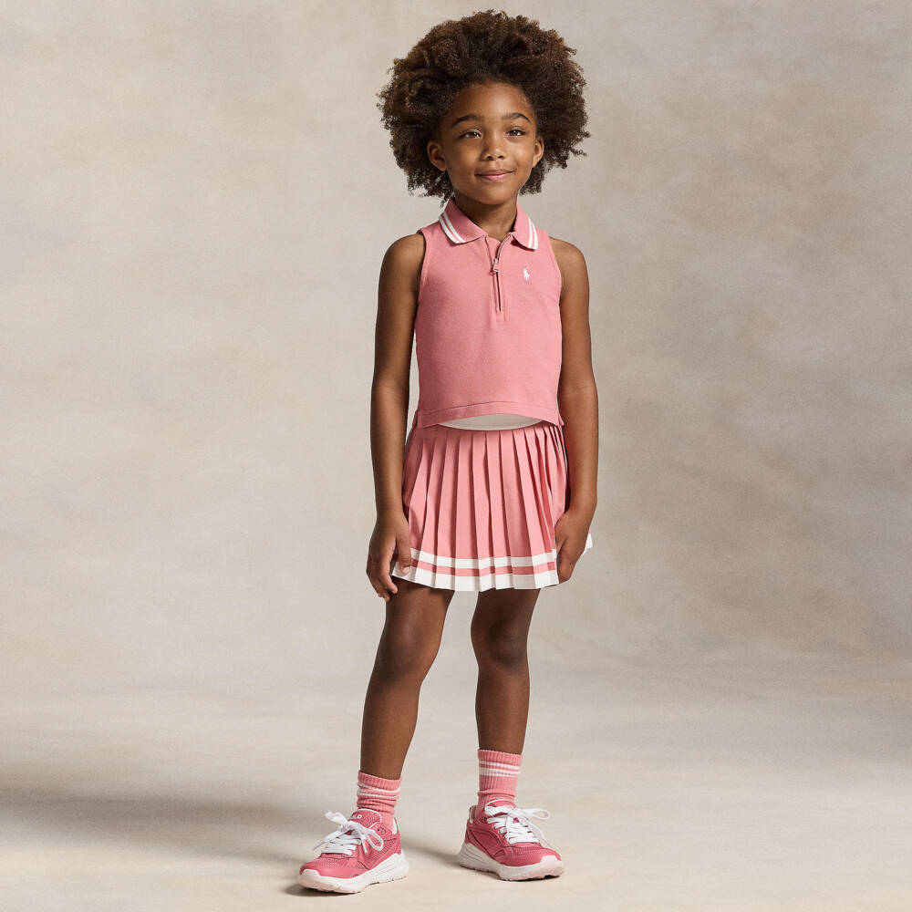 Ralph Lauren-Girls Pink Pleated Jersey Skort with Striped Trim | Childrensalon