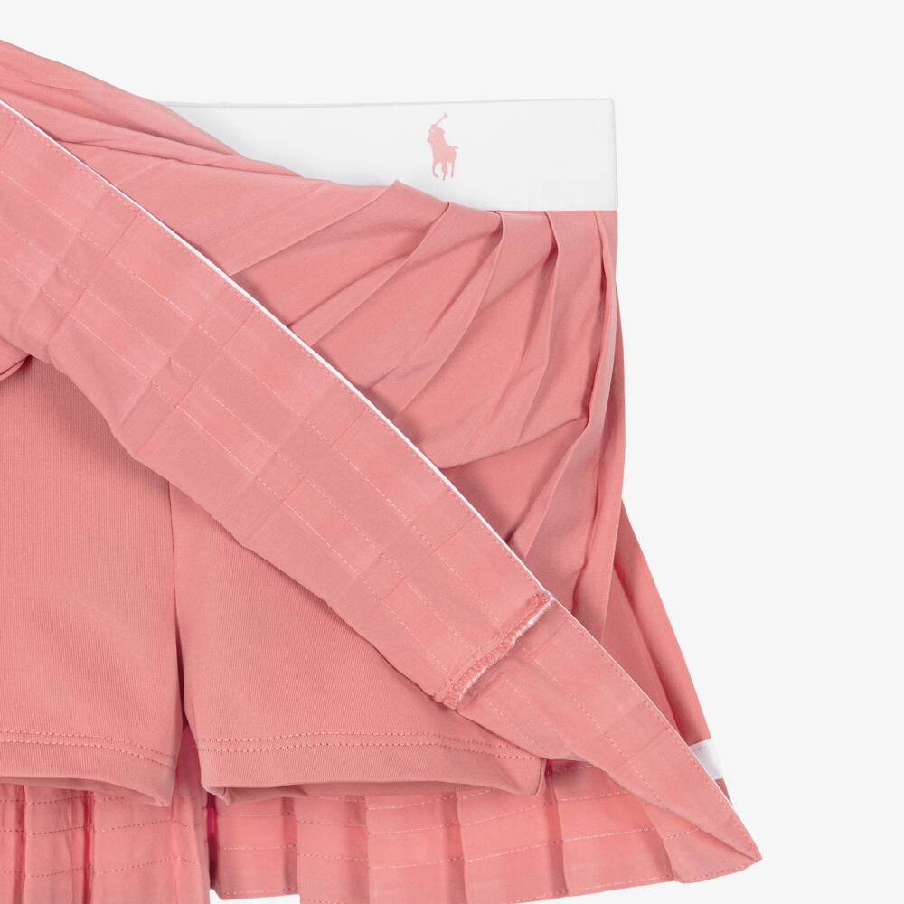 Ralph Lauren-Girls Pink Pleated Jersey Skort with Striped Trim | Childrensalon