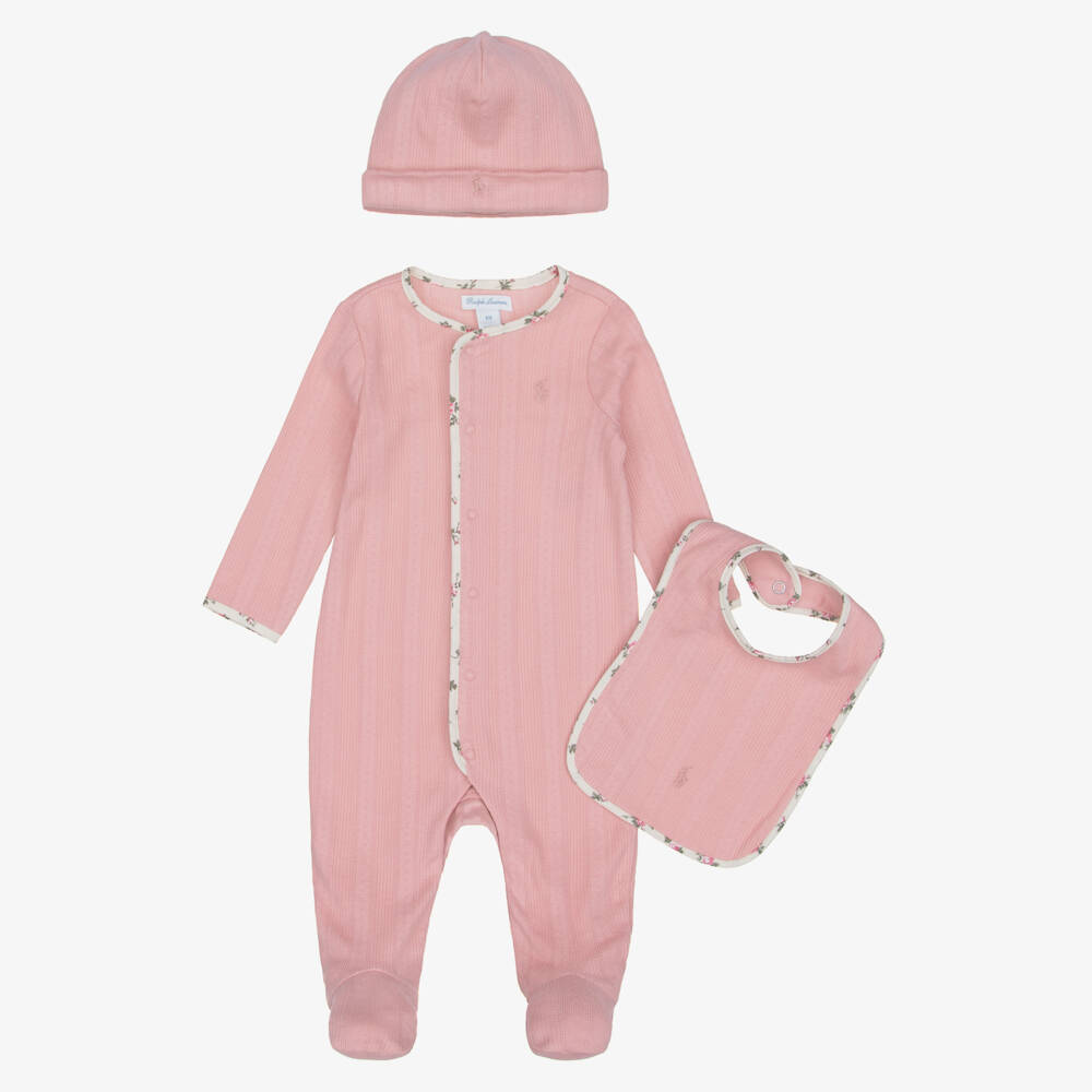 Ralph Lauren-Girls Pink Pointelle Cotton Jersey Babysuit Gift Set | Childrensalon