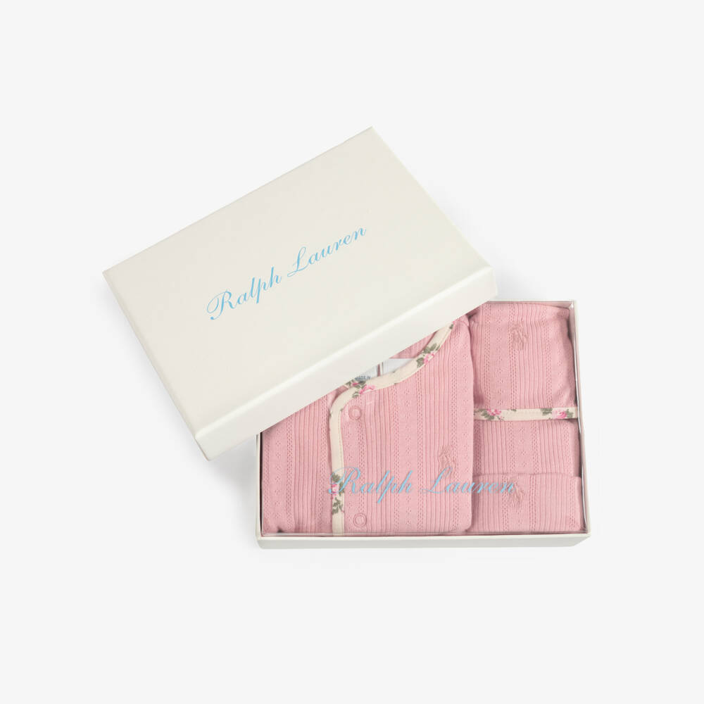 Ralph Lauren-Girls Pink Pointelle Cotton Jersey Babysuit Gift Set | Childrensalon