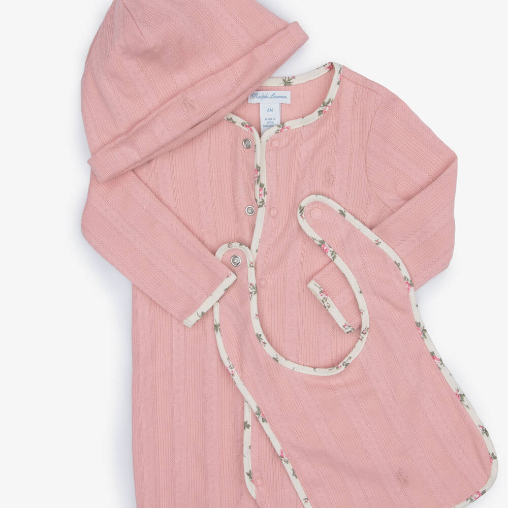 Ralph Lauren-Girls Pink Pointelle Cotton Jersey Babysuit Gift Set | Childrensalon