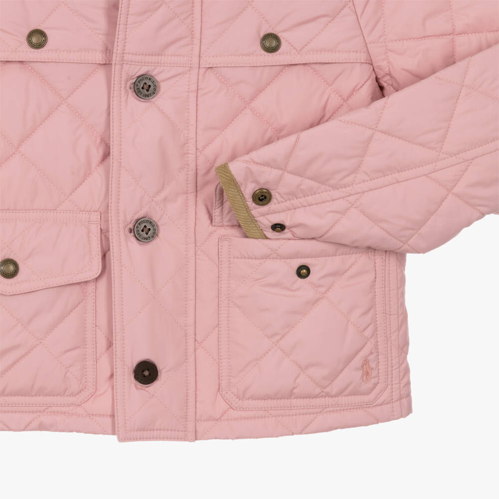 Ralph Lauren-Girls Pink Quilted Jacket with Corduroy Collar | Childrensalon