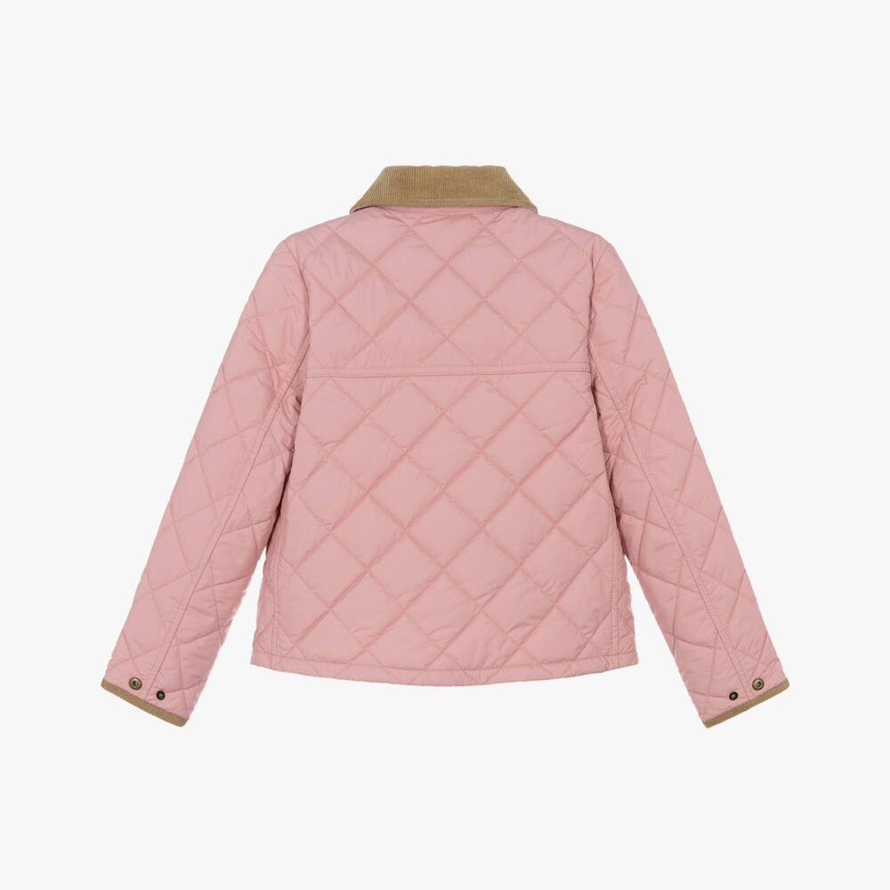 Ralph Lauren-Girls Pink Quilted Jacket with Corduroy Collar | Childrensalon