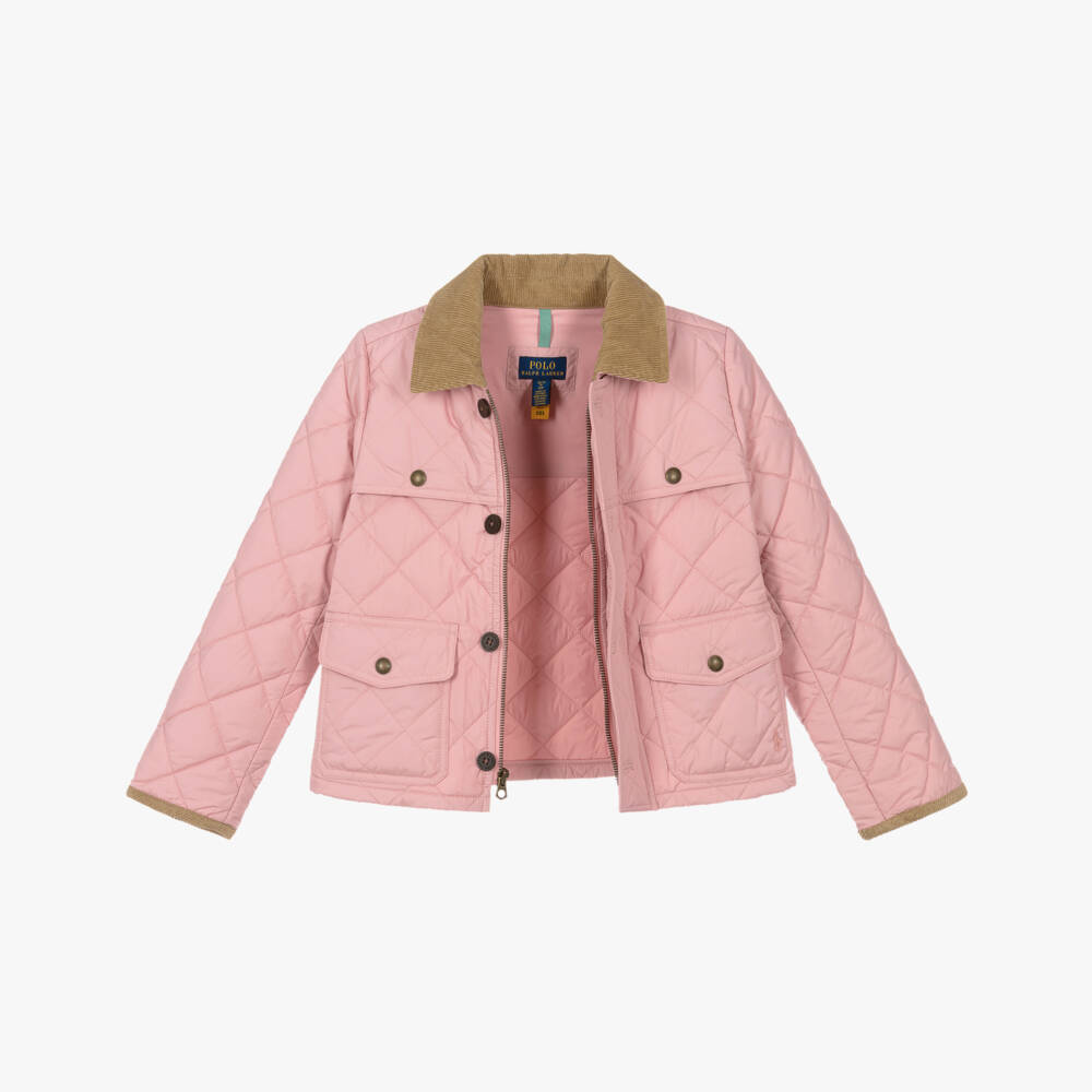 Ralph Lauren-Girls Pink Quilted Jacket with Corduroy Collar | Childrensalon