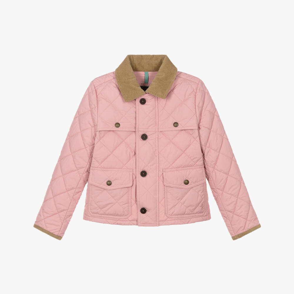 Ralph Lauren-Girls Pink Quilted Jacket with Corduroy Collar | Childrensalon