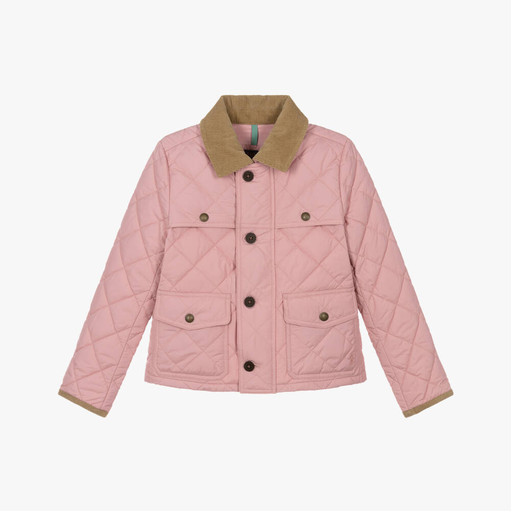 Ralph Lauren-Girls Pink Quilted Jacket with Corduroy Collar | Childrensalon