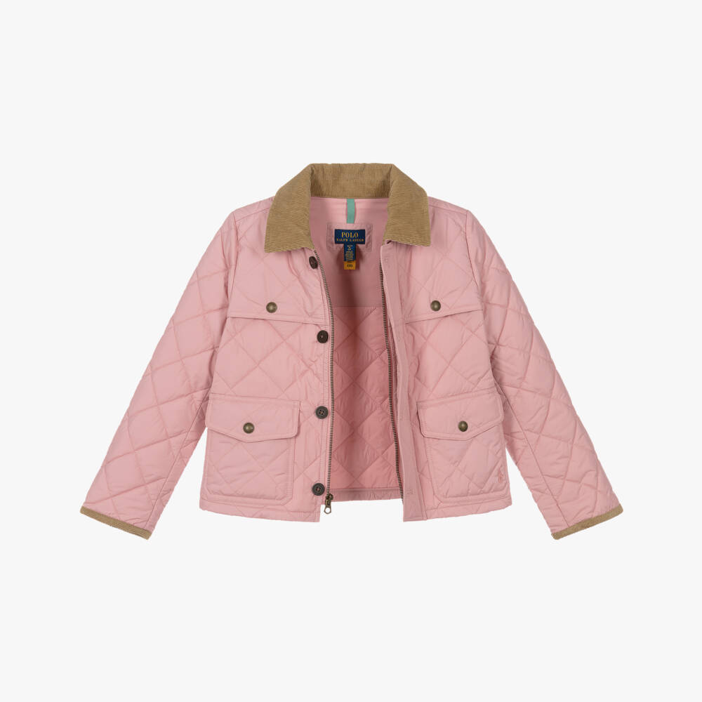 Ralph Lauren-Girls Pink Quilted Jacket with Corduroy Collar | Childrensalon