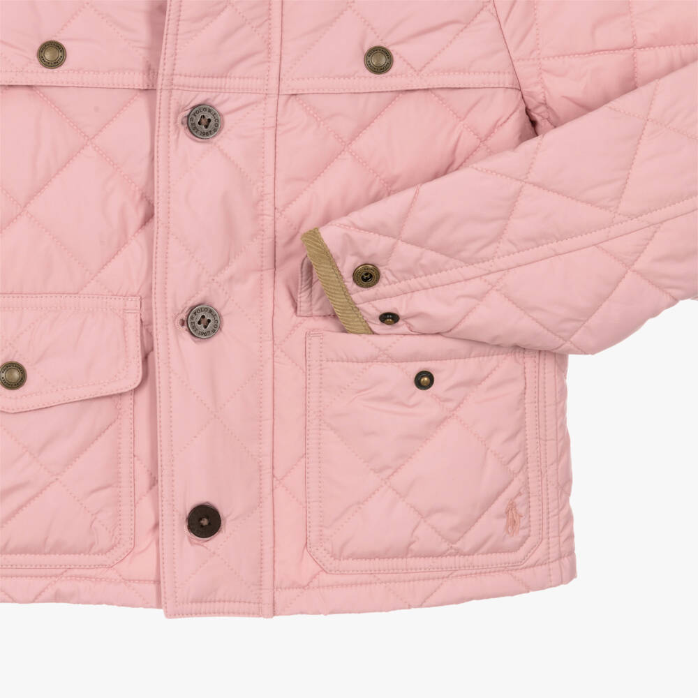 Ralph Lauren-Girls Pink Quilted Jacket with Corduroy Collar | Childrensalon