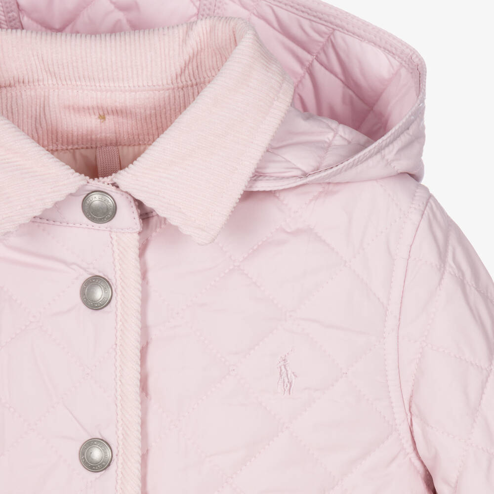 Ralph Lauren-Girls Pink Quilted Jacket with Corduroy Trims | Childrensalon
