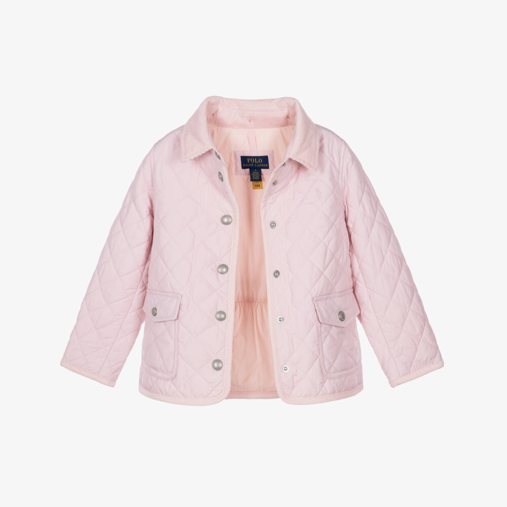 Ralph Lauren-Girls Pink Quilted Jacket with Corduroy Trims | Childrensalon