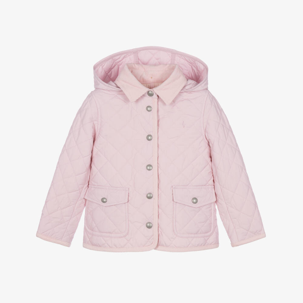 Ralph Lauren-Girls Pink Quilted Jacket with Corduroy Trims | Childrensalon