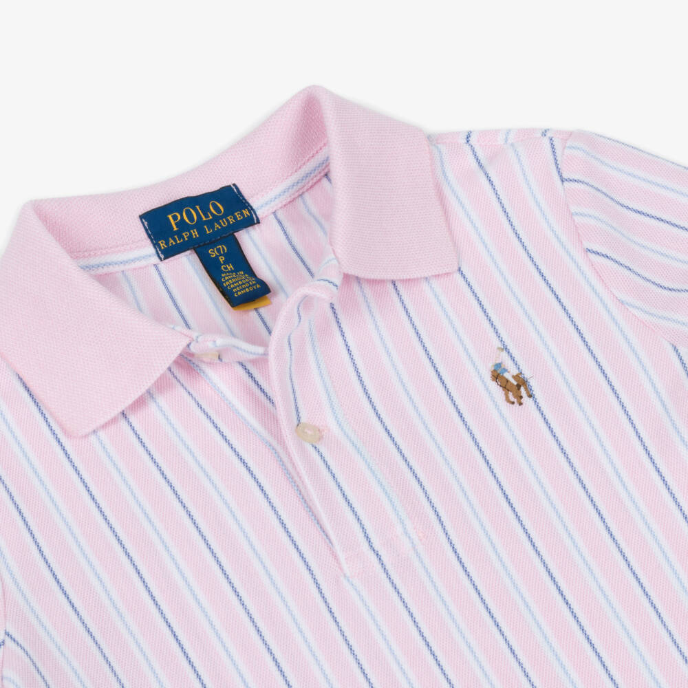 Ralph Lauren-Girls Pink Stripe Cotton Piqué Polo Shirt | Childrensalon