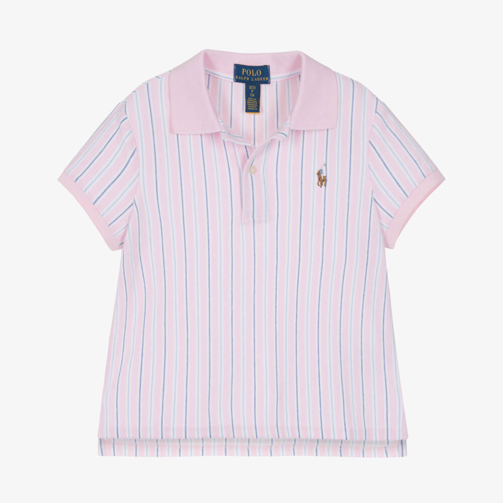 Ralph Lauren-Girls Pink Stripe Cotton Piqué Polo Shirt | Childrensalon