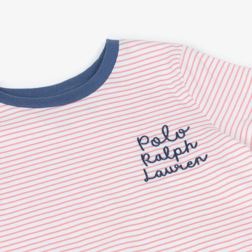 Ralph Lauren-Girls Pink Stripe Cotton T-Shirt with Script Logo | Childrensalon