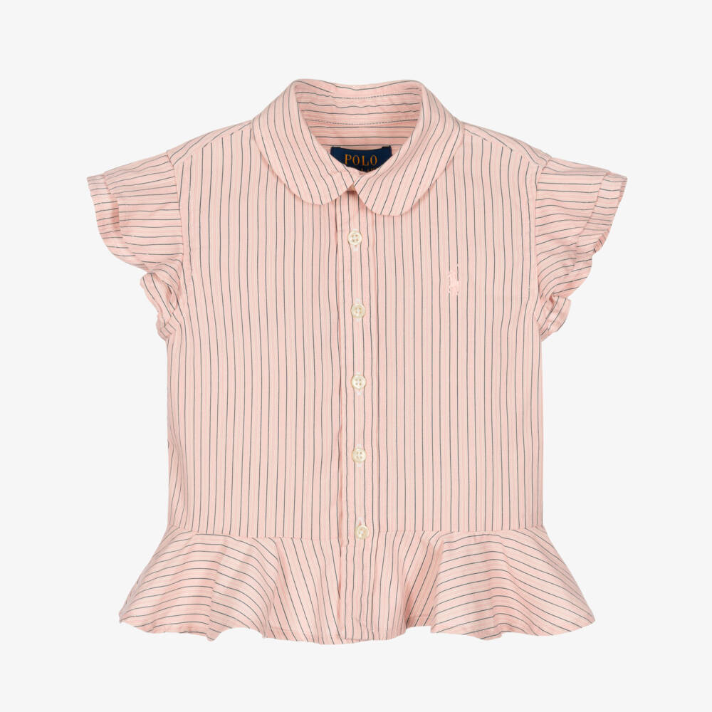 Ralph Lauren-Girls Pink Striped Cotton Blouse | Childrensalon