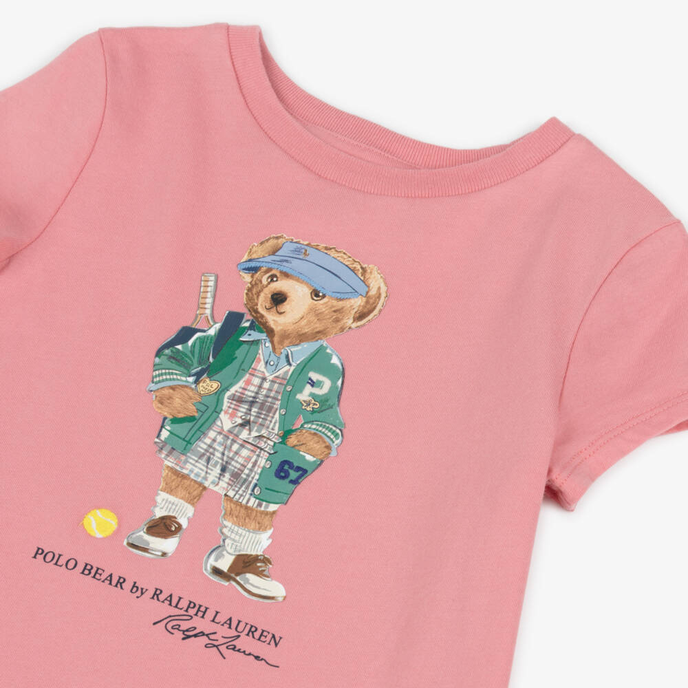 Ralph Lauren-Girls Pink Tennis Polo Bear Cotton T-Shirt Dress | Childrensalon