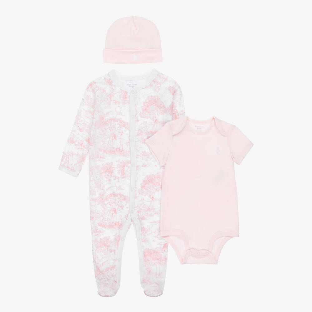 Ralph Lauren-Girls Pink Toile De Jouy Babysuit Gift Set | Childrensalon