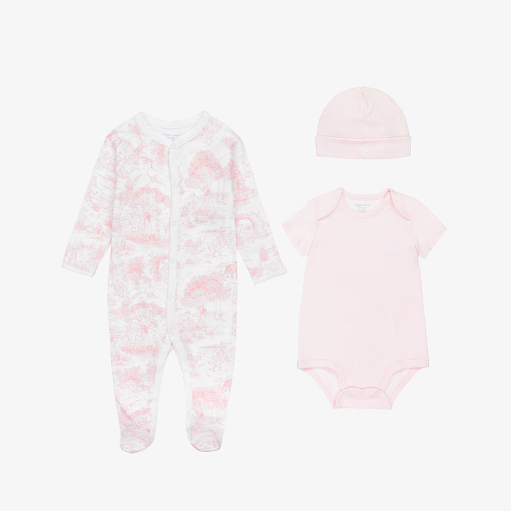 Ralph Lauren-Girls Pink Toile De Jouy Babysuit Gift Set | Childrensalon