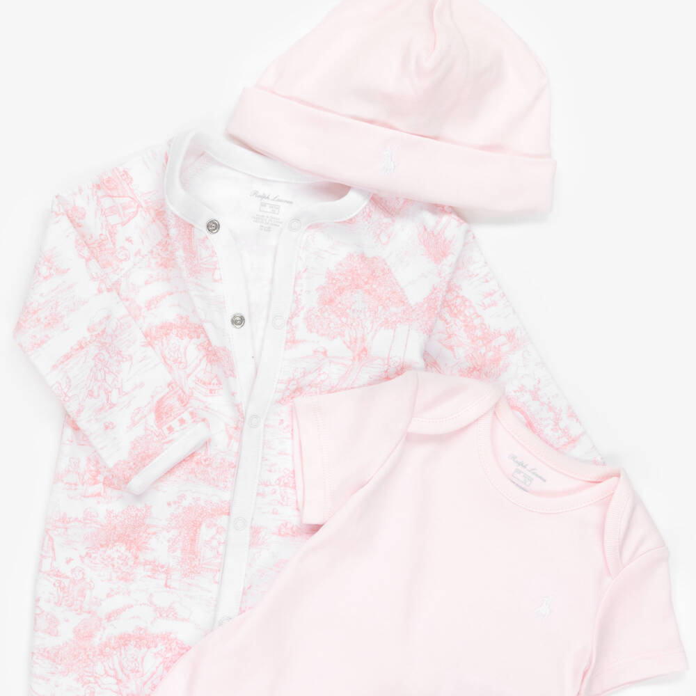 Ralph Lauren-Girls Pink Toile De Jouy Babysuit Gift Set | Childrensalon