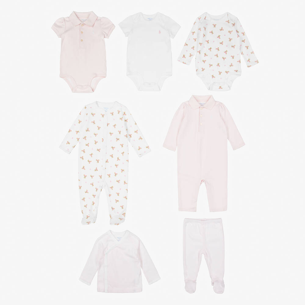 Ralph Lauren-Girls Pink & White Cotton Jersey Babysuit Gift Set | Childrensalon