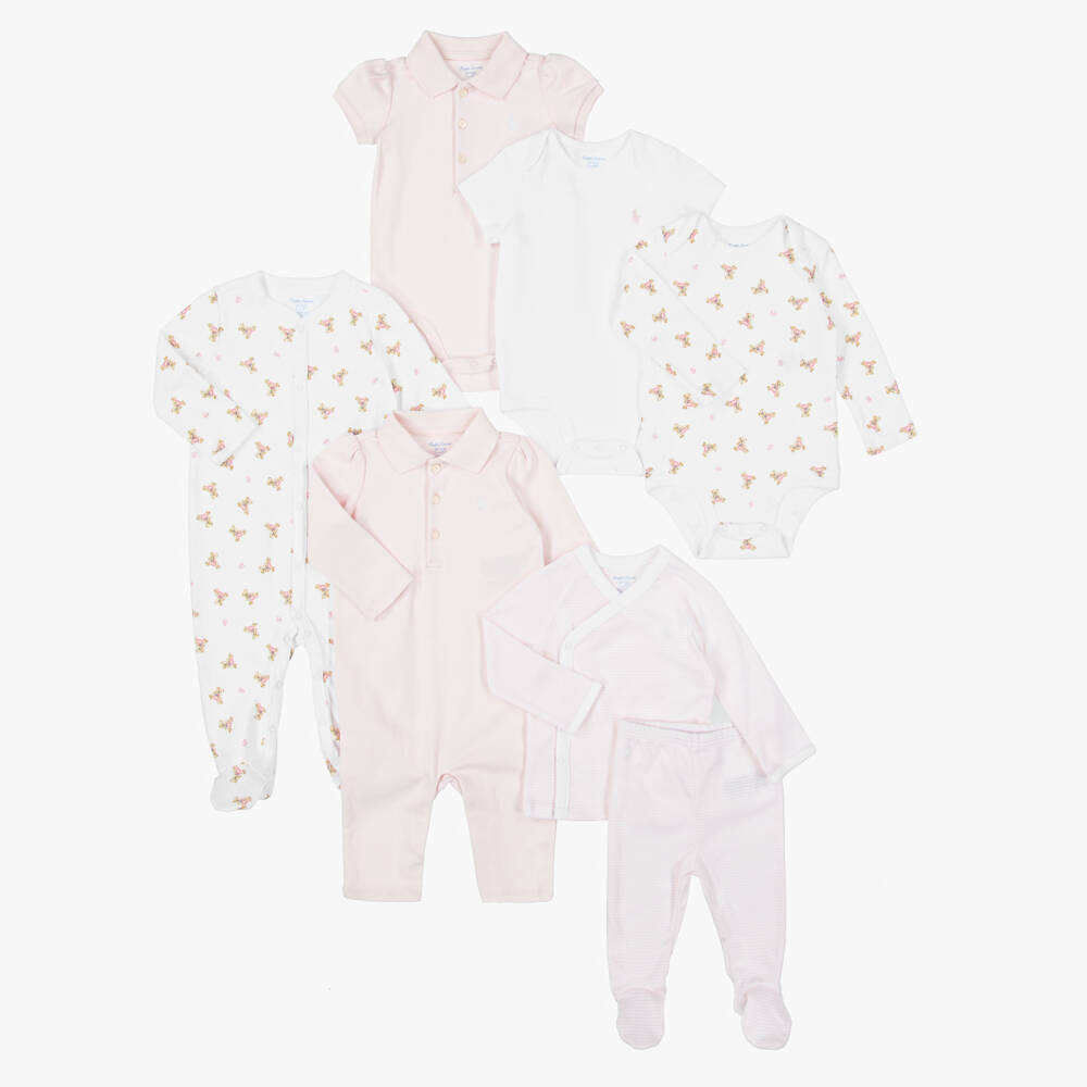 Ralph Lauren-Girls Pink & White Cotton Jersey Babysuit Set | Childrensalon