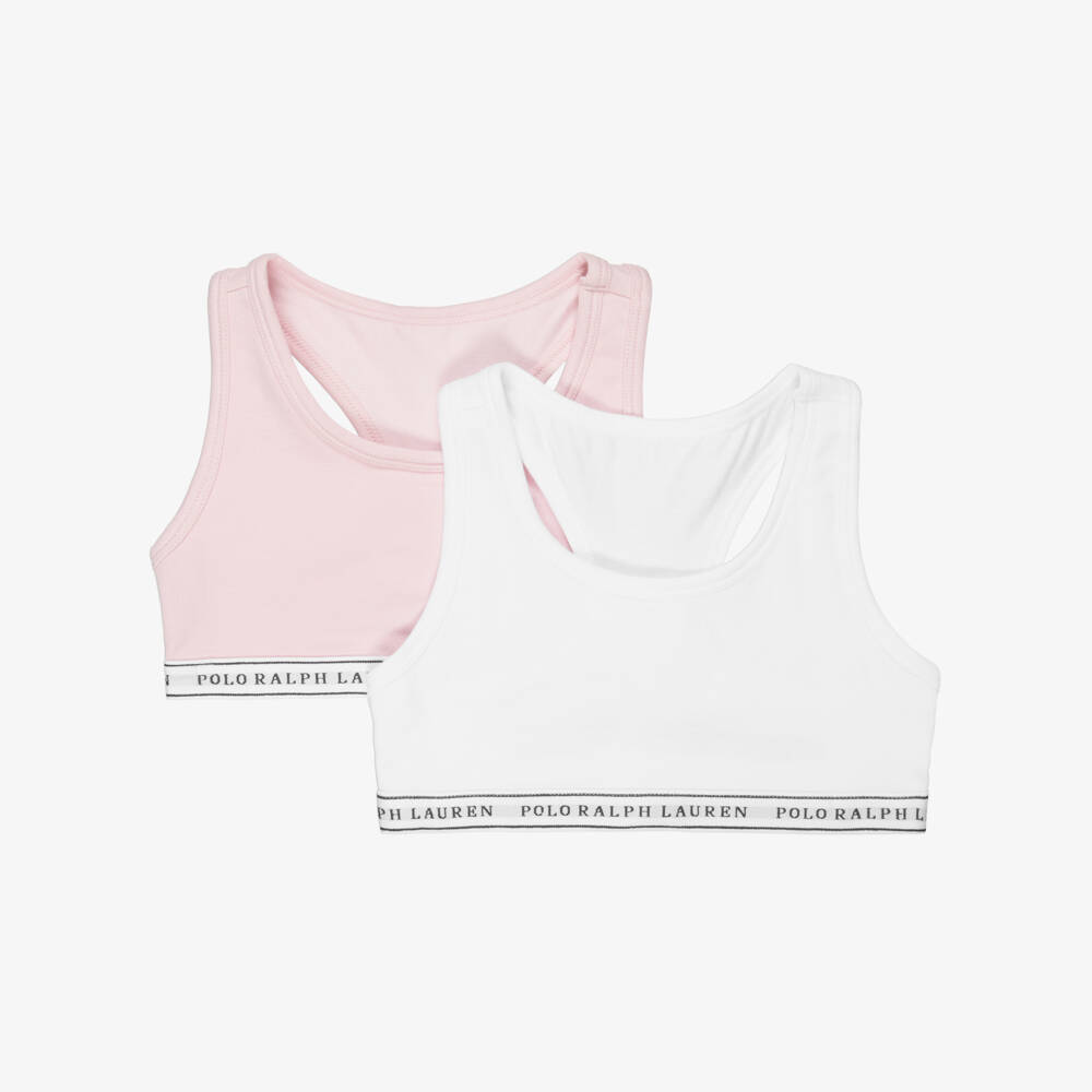 Ralph Lauren-Girls Pink & White Cotton Jersey Bra Tops (2 Pack) | Childrensalon