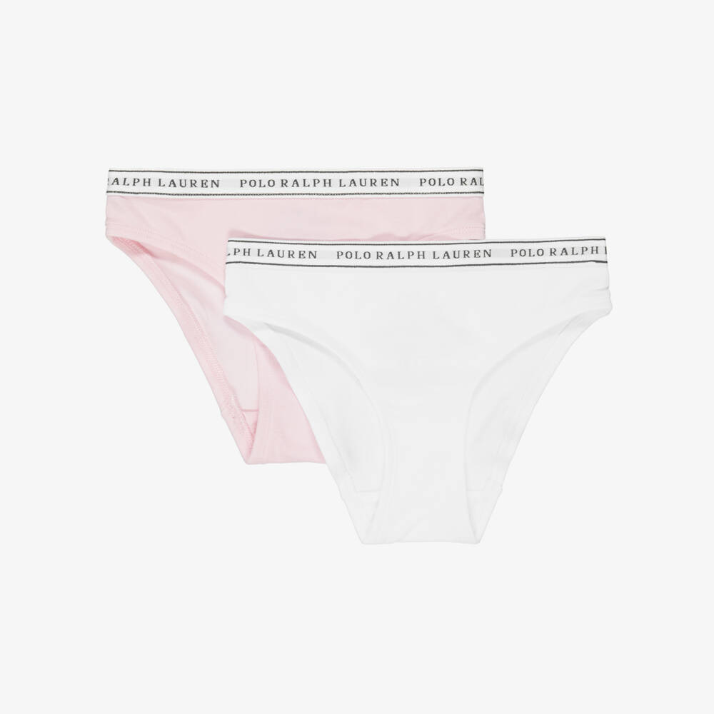 Ralph Lauren-Girls Pink & White Cotton Jersey Knickers (2 Pack) | Childrensalon
