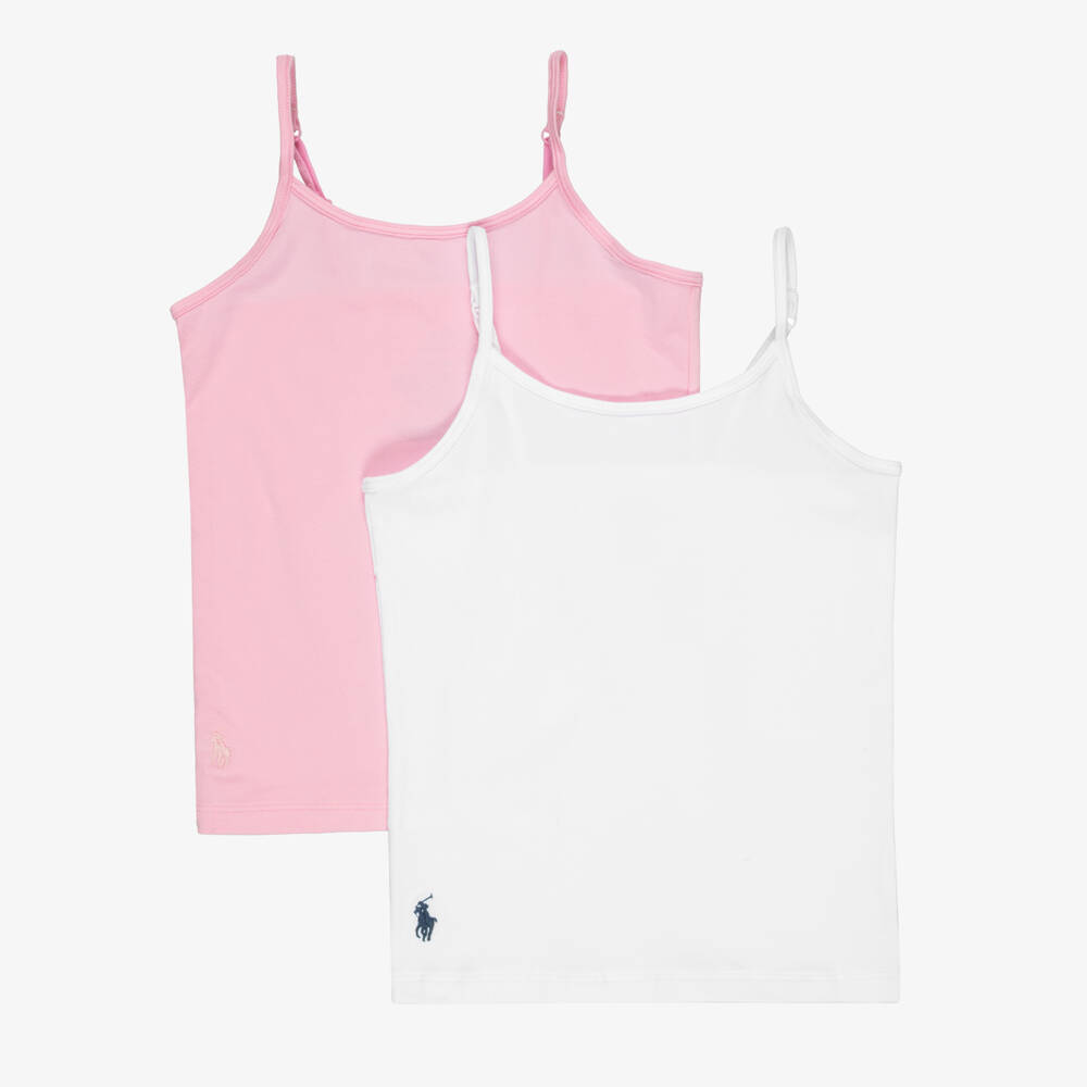 Ralph Lauren-Girls Pink & White Cotton Jersey Vests (2 Pack) | Childrensalon