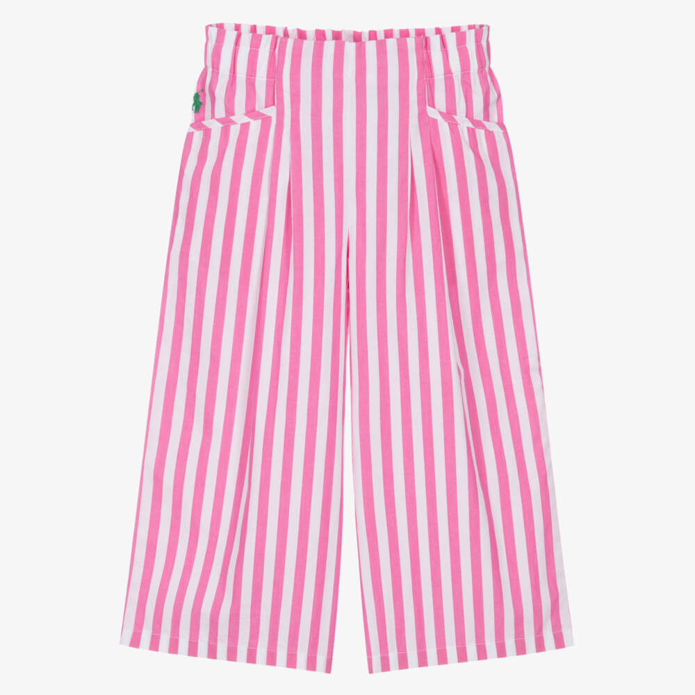 Ralph Lauren-Girls Pink & White Striped Cotton Poplin Wide-Leg Trousers | Childrensalon