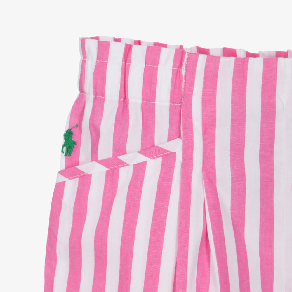 Ralph Lauren-Girls Pink & White Striped Cotton Poplin Wide-Leg Trousers | Childrensalon
