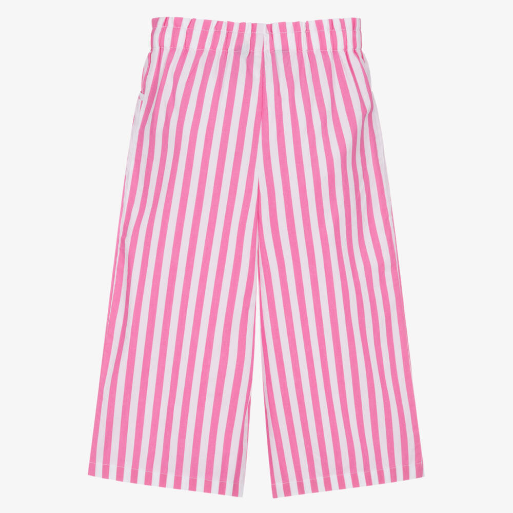 Ralph Lauren-Girls Pink & White Striped Cotton Poplin Wide-Leg Trousers | Childrensalon