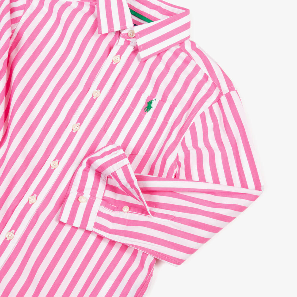 Ralph Lauren-قميص قطن مقلم لون زهري وأبيض للبنات | Childrensalon