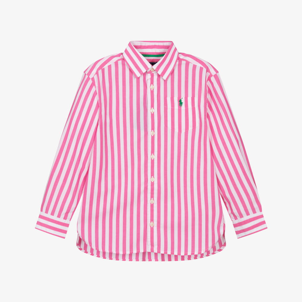 Ralph Lauren-Girls Pink & White Striped Cotton Shirt | Childrensalon