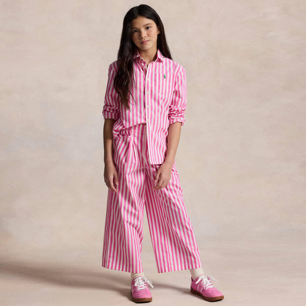 Ralph Lauren-Girls Pink & White Striped Cotton Shirt | Childrensalon