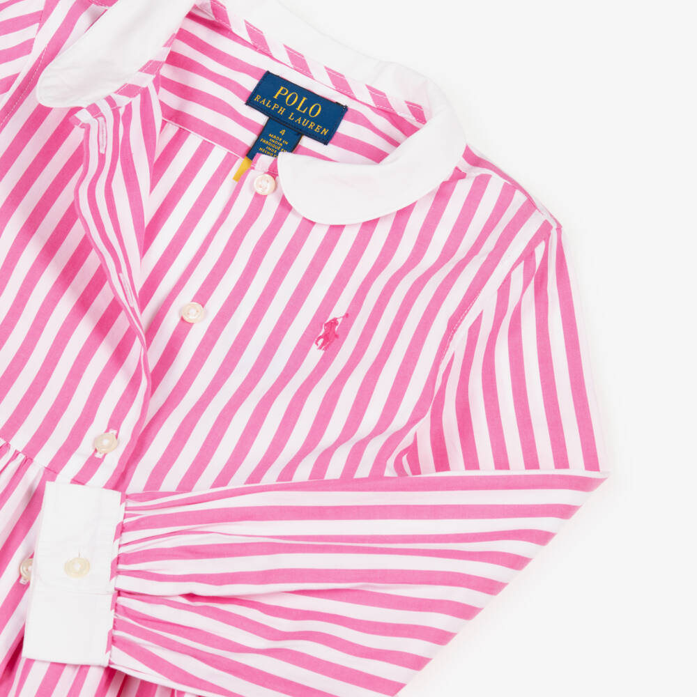 Ralph Lauren-Girls Pink & White Striped Cotton Shirt Dress | Childrensalon