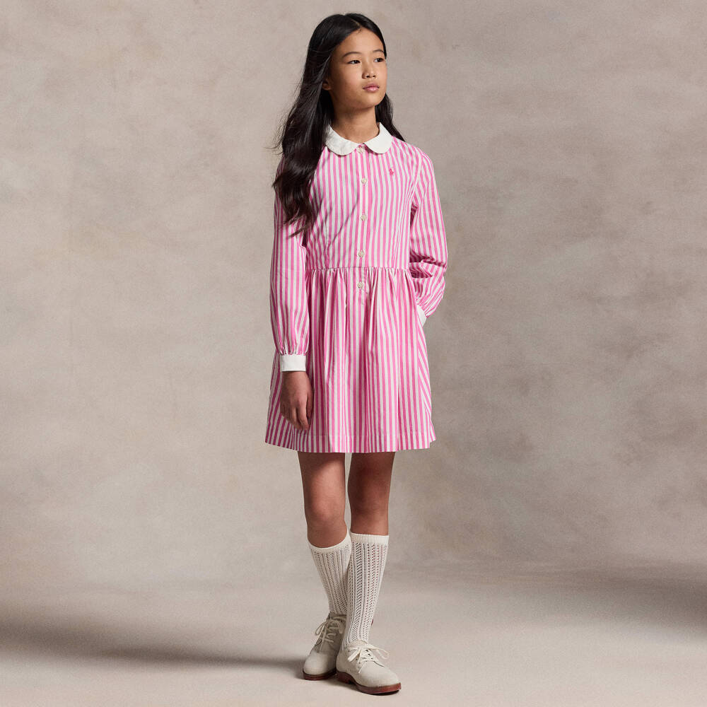 Ralph Lauren-Girls Pink & White Striped Cotton Shirt Dress | Childrensalon