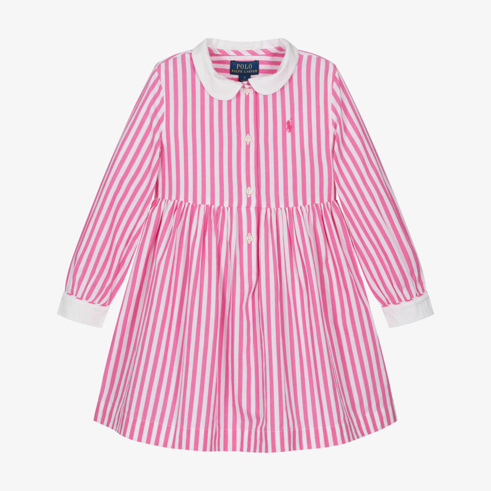 Ralph Lauren-Girls Pink & White Striped Cotton Shirt Dress | Childrensalon