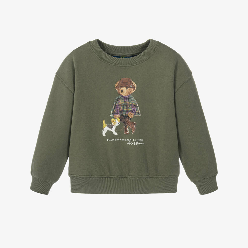 Ralph Lauren-Girls Polo Bear Sweatshirt in Khaki Green | Childrensalon