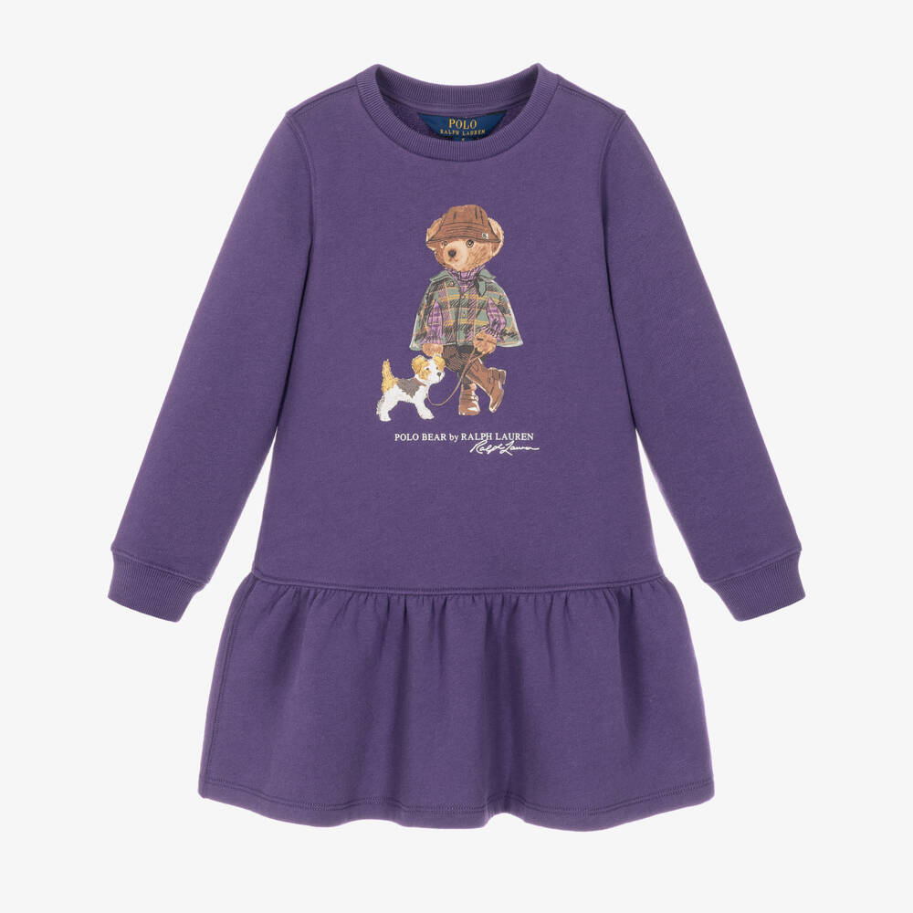 Ralph Lauren-Girls Purple Polo Bear Sweatshirt Dress | Childrensalon