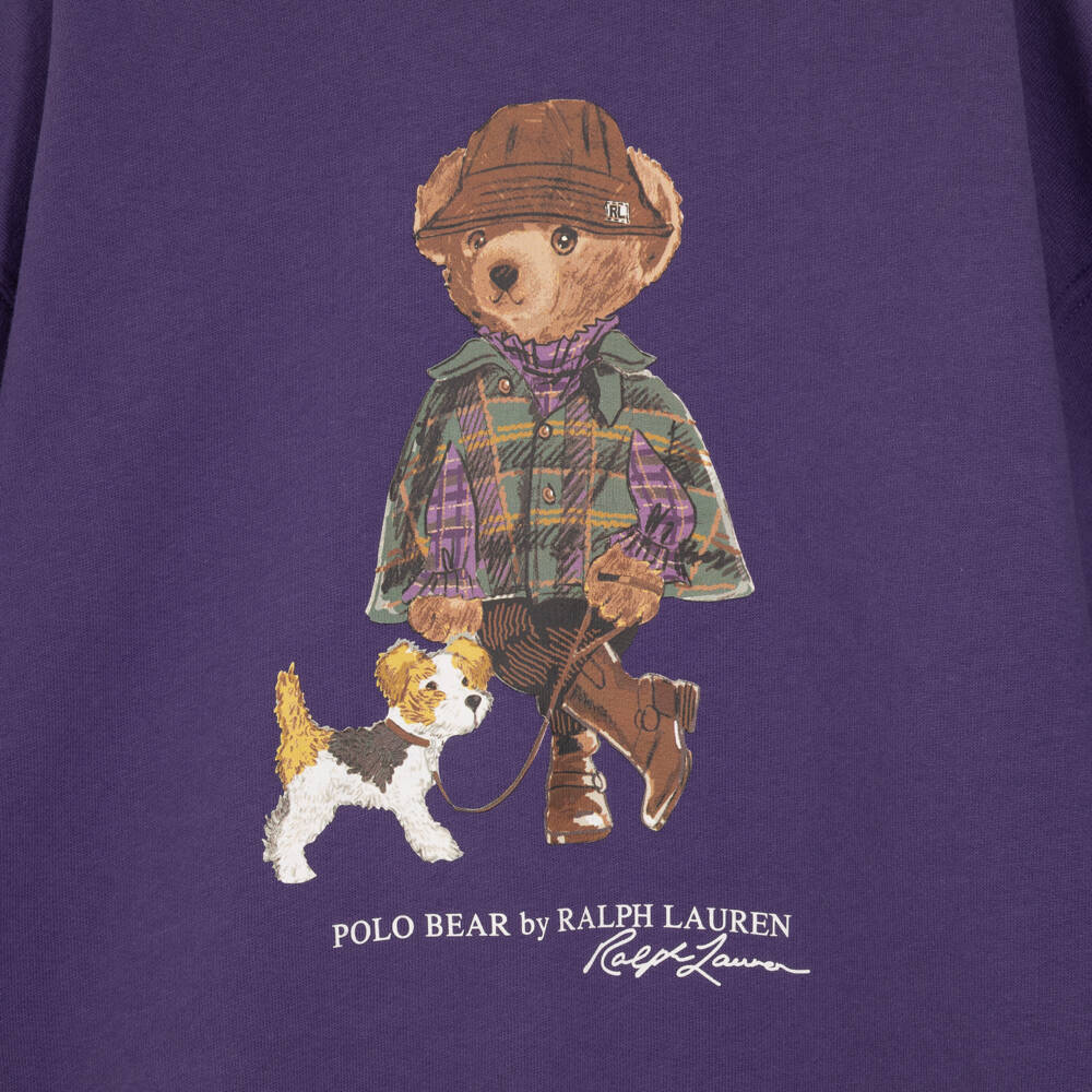 Ralph Lauren-Girls Purple Sweatshirt Dress with Polo Bear | Childrensalon